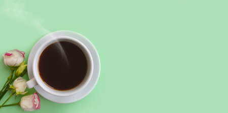 cup of coffee flower rose on a colored backgroundの写真素材