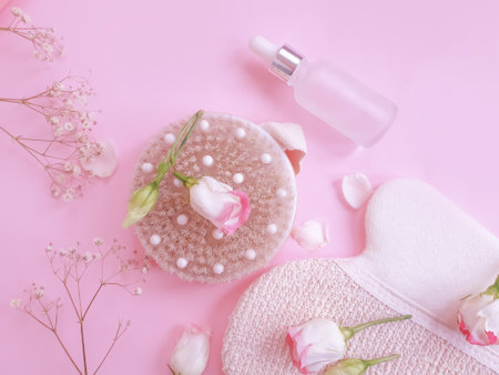 massage brush, flower on a colored backgroundの写真素材
