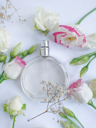 bottle perfume flower on a colored background