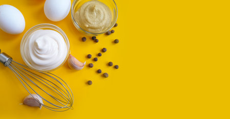 homemade mayonnaise, eggs on a colored backgroundの写真素材