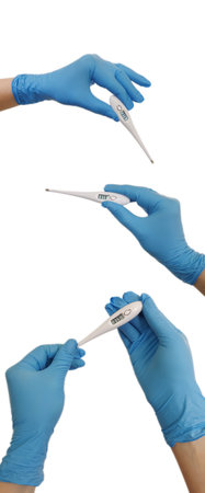 hand in a medical glove holds a thermometer isolated on white background