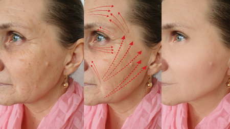 woman face wrinkles before and after treatmentの写真素材
