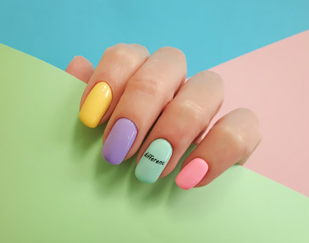 female hand beautiful manicure on a colored backgroundの写真素材
