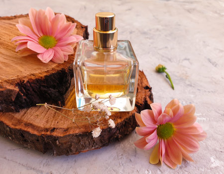 bottle perfume flower on a concrete background