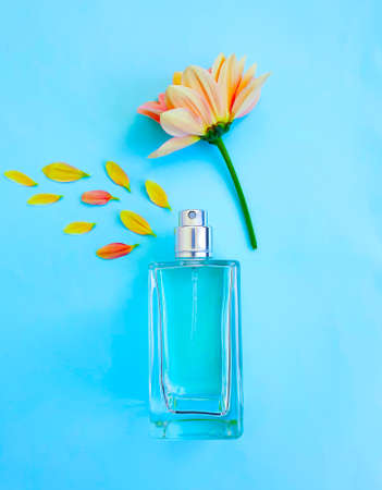 bottle perfume flower on a colored background