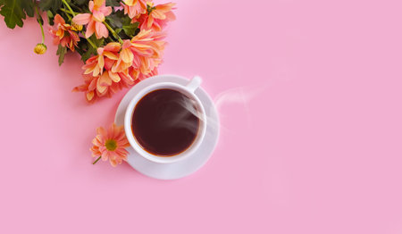 cup of coffee flower  on a colored backgroundの写真素材