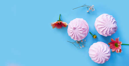 marshmallow, flower on a colored background tastyの写真素材