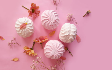 marshmallow, flower on a colored backgroundの写真素材