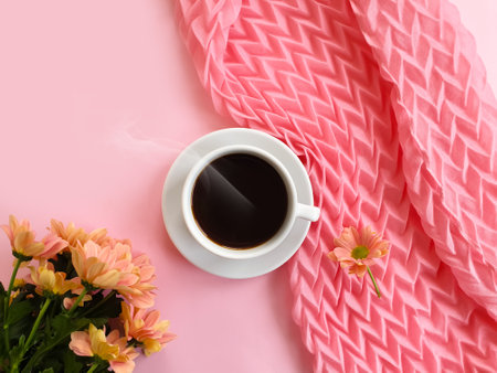 flower coffee cup on colored backgroundの写真素材
