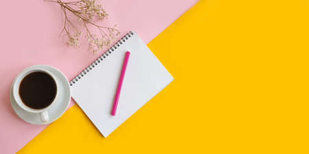 coffee cup, notebook, pen on a colored background