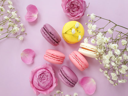 multicolored macaroon, rose flower on a colored backgroundの写真素材