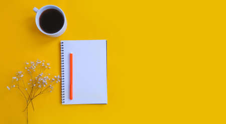 notebook, cup of coffee on a colored backgroundの写真素材