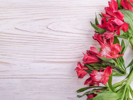 alstroemeria flower on wood background frameの写真素材