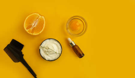 hair mask, comb on a colored backgroundの写真素材