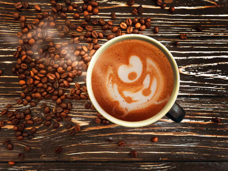 cup of coffee, grain on wooden background