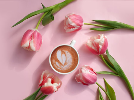 cup of coffee. tulip flower on colored backgroundの写真素材
