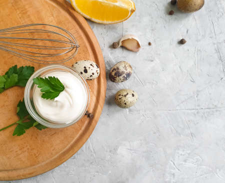 homemade mayonnaise, quail eggs on a  background