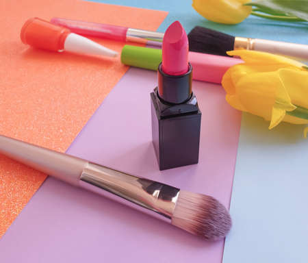 decorative cosmetics, tulip flower on a colored backgroundの写真素材