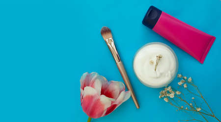 cream cosmetic flower tulip on a colored backgroundの写真素材