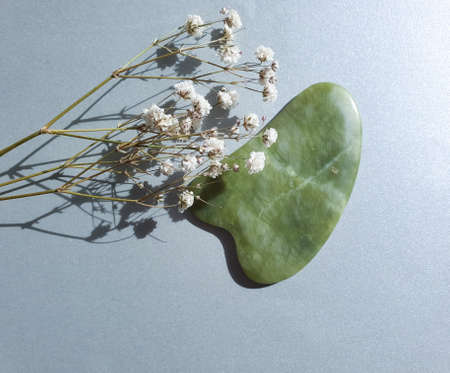face massager on colored background, gypsophila flowerの写真素材