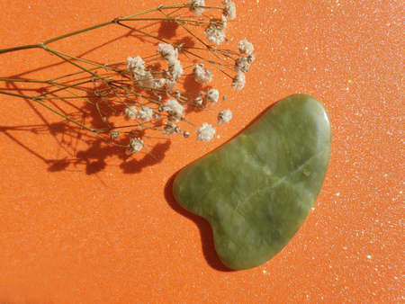 face massager on colored background, gypsophila flowerの写真素材