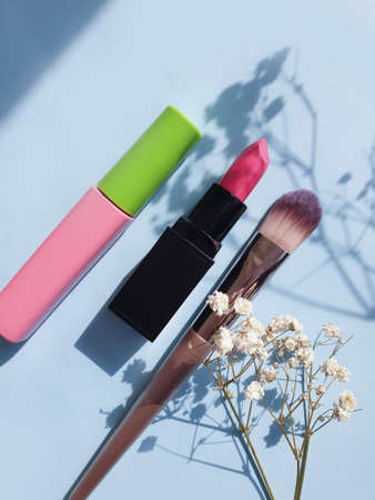 decorative cosmetics on a colored backgroundの写真素材
