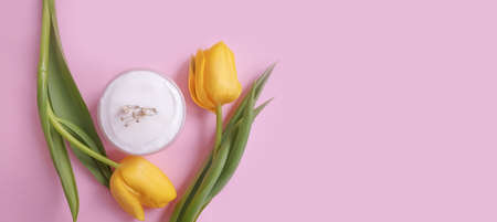 cream cosmetic flower tulip on colored backgroundの写真素材