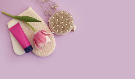 massage brush, flower tulip on colored backgroundの写真素材