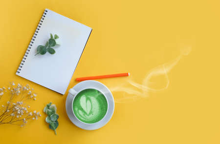 notepad, cup of coffee, gypsophila flower on a colored background