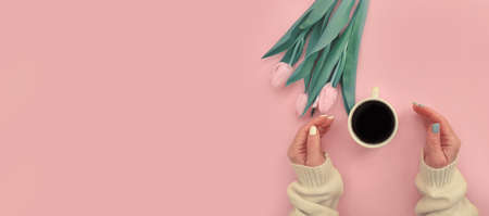 female hands hold a cup of coffee, flower tulip on a colored background