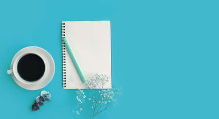 notebook, cup of coffee, gypsophila flower on colored backgroundの写真素材