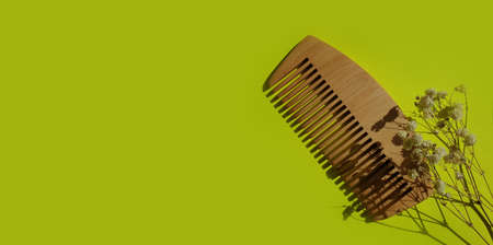 wooden comb on a colored background hairbrushの写真素材