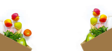 fresh food in a paper bag on a white background