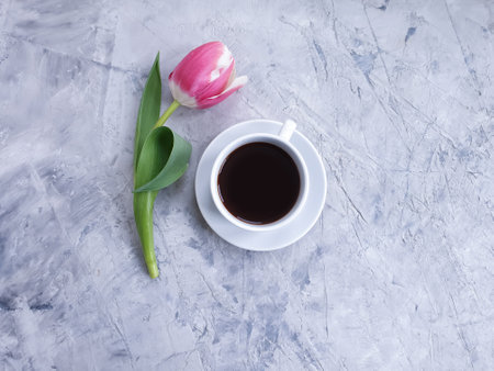 cup of coffee flower tulip on concrete backgroundの写真素材