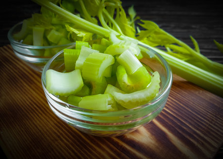 fresh celery on wooden backgroundの写真素材