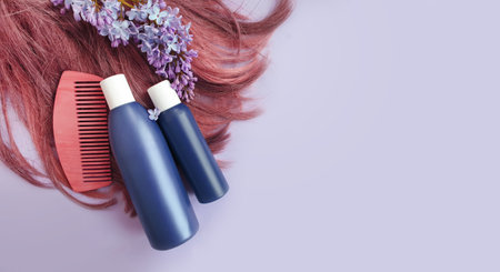 shampoo, hair, flower lilac on a colored background