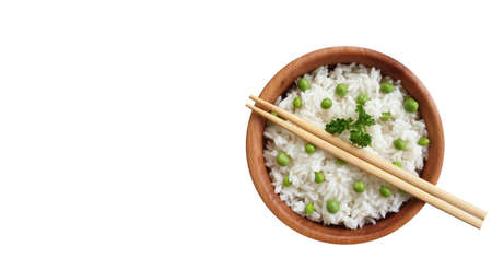rice with green peas isolated on white backgroundの写真素材