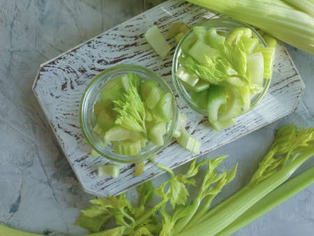 fresh celery on wooden background natural, ingredient