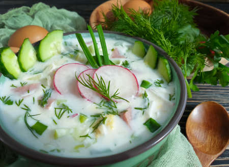 homemade okroshka on a wooden backgroundの写真素材