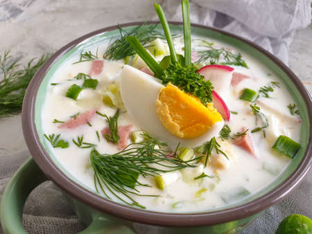 fresh okroshka on concrete backgroundの写真素材