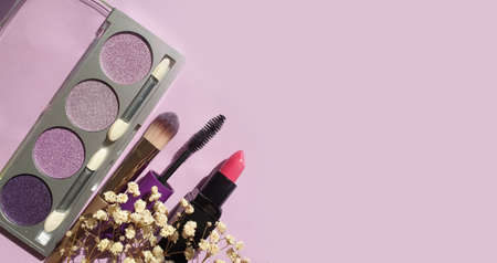 decorative cosmetics, gypsophila flower on a colored backgroundの写真素材