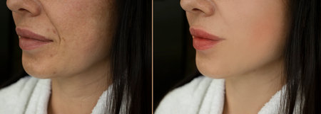 woman face wrinkles before and after treatmentの写真素材