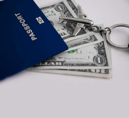 passport, dollars, plane, travel backgroundの写真素材