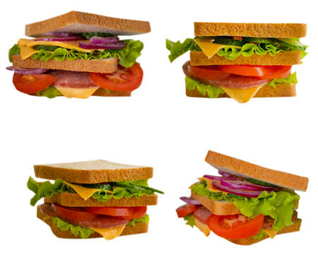 sandwich with cheese, tomato, sausage isolated on white backgroundの写真素材