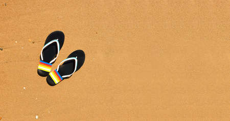 beach slippers on a sand backgroundの写真素材