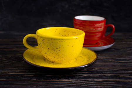 empty cup on wooden backgroundの写真素材