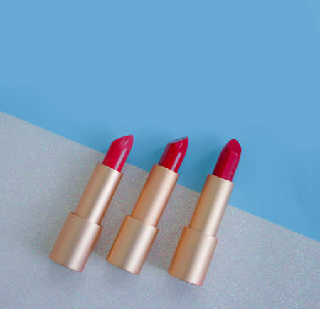 lipstick on colored cosmetics backgroundの写真素材
