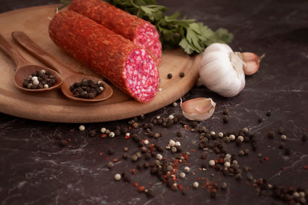 sausage salami, spices on concrete backgroundの写真素材