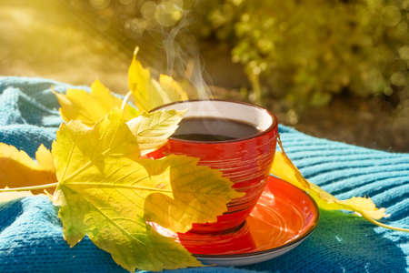 cup of coffee, autumn maple leaf, scarf on a wooden background,の写真素材