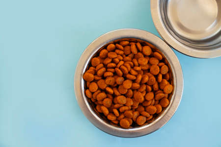 dry animal food in a bowl on a colored backgroundの写真素材